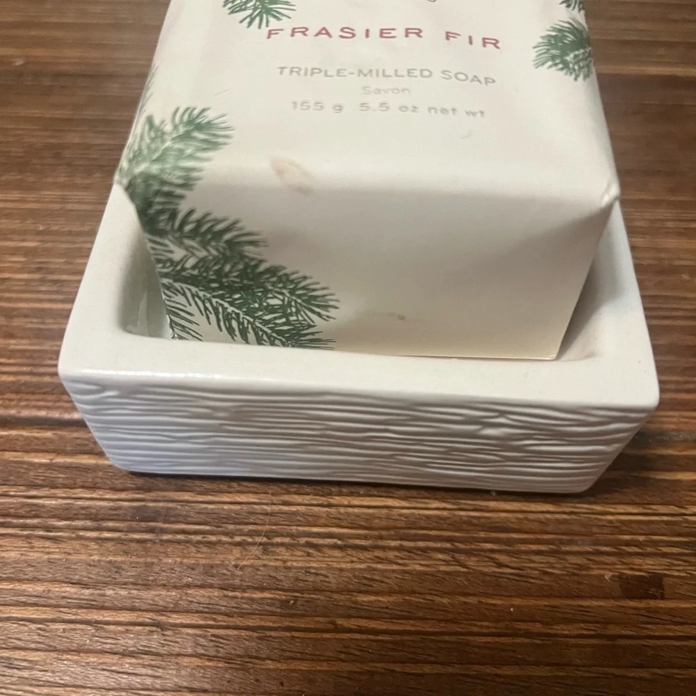 🆕🌲Thymes Frasier Fir Votive Candle and Soap with Wooded Pattern Soap Dish 🌲🆕